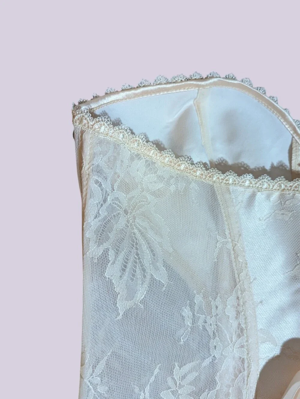 New Ivory Lace Strapless Boned Corset Bustier Satin Ribbons Garters Sexy Sz 1x